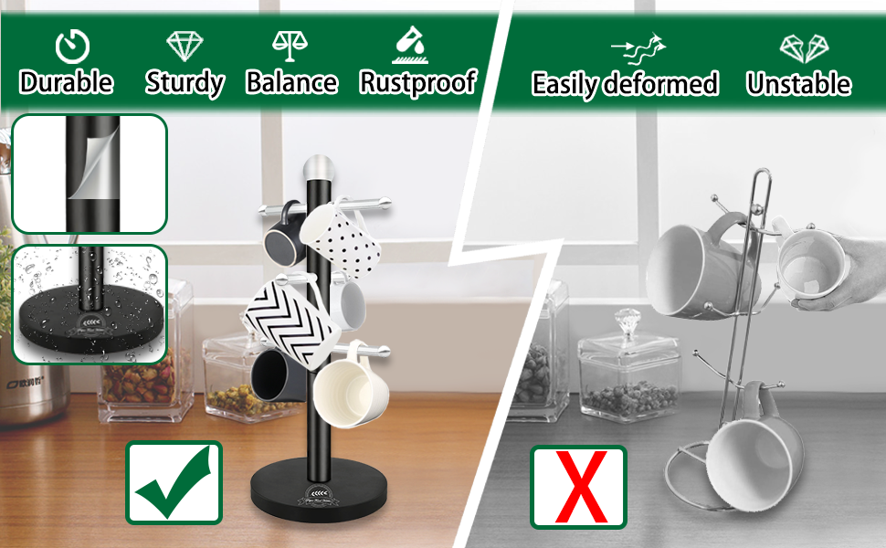 KAVSI Retro Black Mug Tree with 6 Hooks, Coffee Cups Holder, Countertop