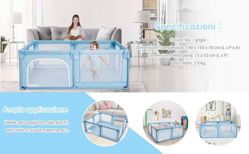 COSTWAY Box Per Bambini Centro Attività Portatile Per Neonati, Rete Traspirante, 190 X 150 X 70cm (Blu) 16 1