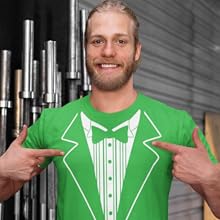 young man wearing tuxedo t shirt pointing