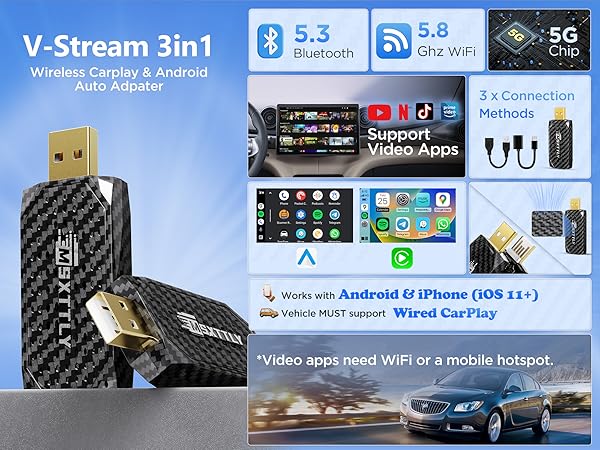 آداپتور بیسیم CarPlay سهکاره V-Stream با بلوتوث 5.3، تراشه وایفای 5G و سازگاری با دستگاههای اندروید و iOS برای پخش ویدئو.