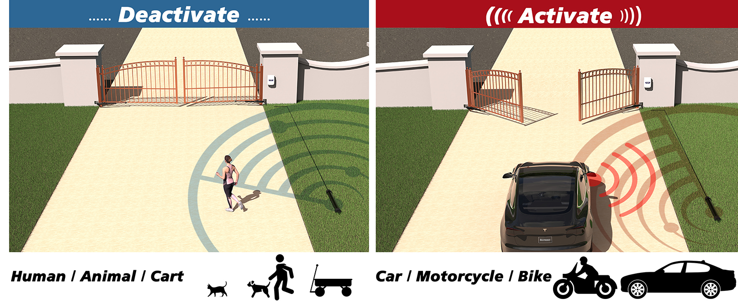 Activates for cars and bikes only — ignores humans, animals, and carts