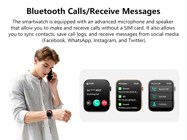 Text reads 'Bluetooth Calls/Receive Messages' and describes smartwatch capabilities. Shows person wearing smartwatch with three interface screens displaying calling and messaging functions.