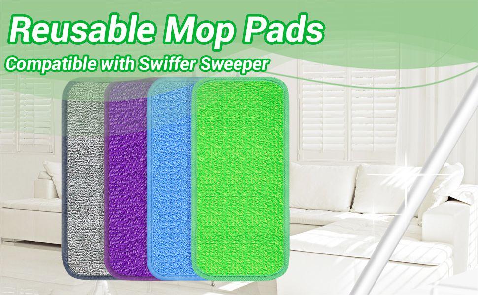 Reusable Mop Pads Compatible with Swiffer Sweeper Mop, 4 Pack Wet Pads Refills Dry