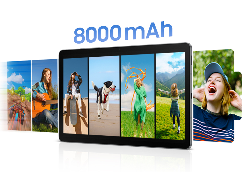 Text reads '8000mAh'. Similar perspective view of cascading photo tiles showing outdoor activities and lifestyle shots.