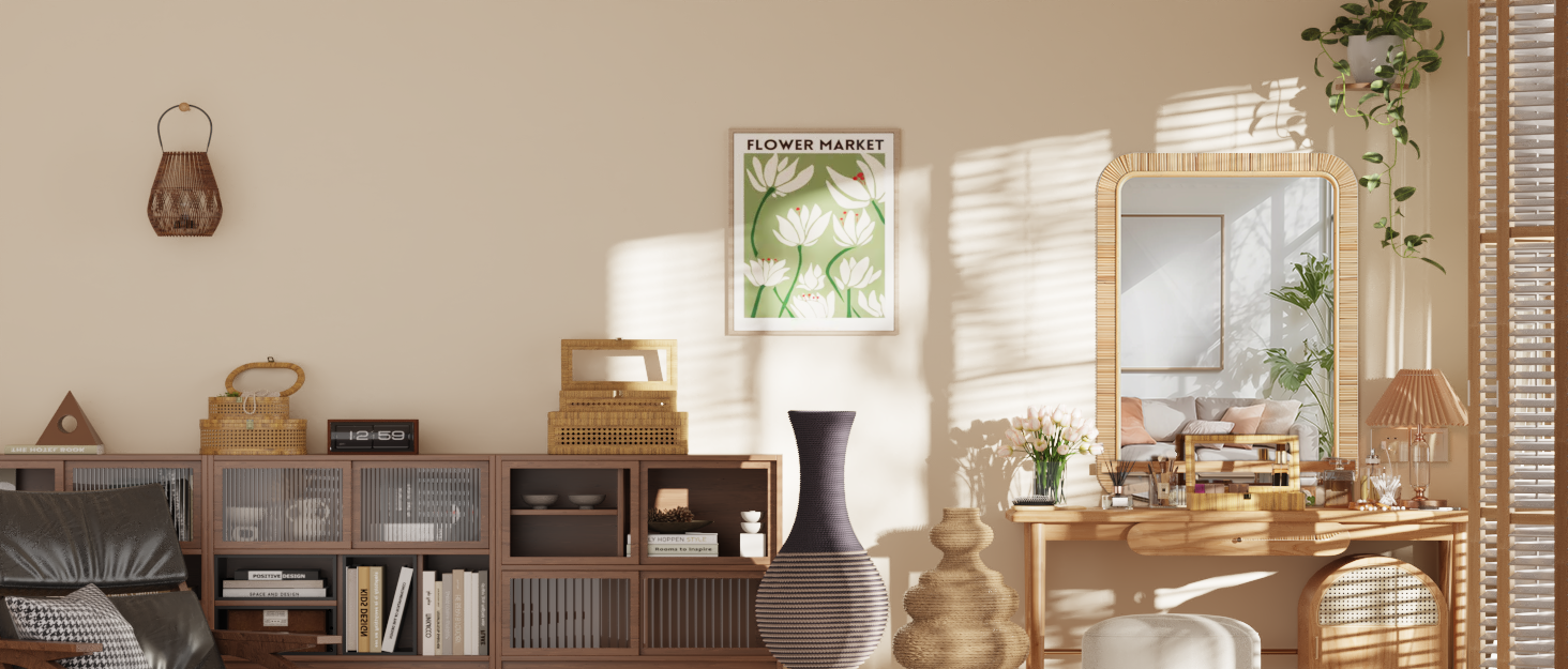 This is a cozy room with beige walls. Wooden furniture, a mirror, plants, and sunlight shadows.