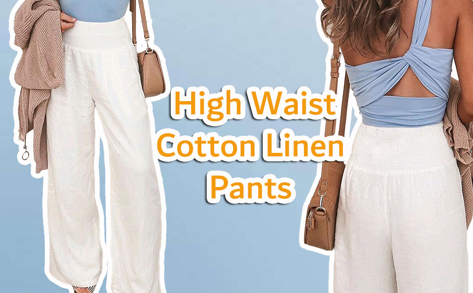 Women's Casual High Waist Cotton Linen Pants Elastic Straight Wide Leg Smocked Pockets Beach Pants 