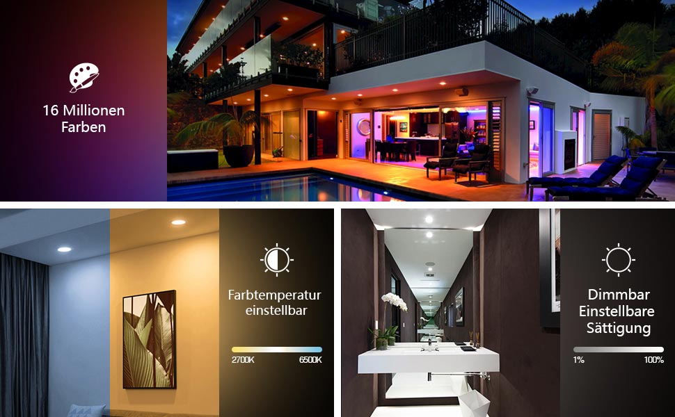 Mehrere Innenaufnahmen eines modernen Raums mit Umgebungsbeleuchtung mit LED-Streifen und Leuchten. Zeigt aus verschiedenen Blickwinkeln etwas, das wie ein Gewerbe- oder Gastronomiegebäude aussieht, mit ausgeklügeltem Lichtdesign.