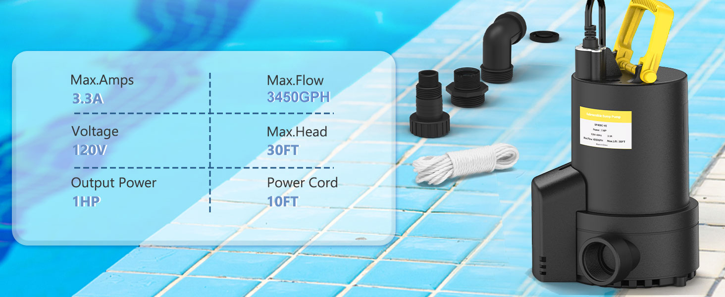 QIOMALA 1 HP Submersible Water Pump, 3450 GPH Sump Pump with 10FT Cord