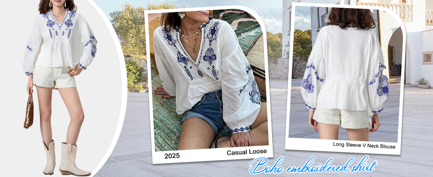 Retro womens clothing v-neck, delicate floral embroidery, puff sleeves, bohemian style, loose fit