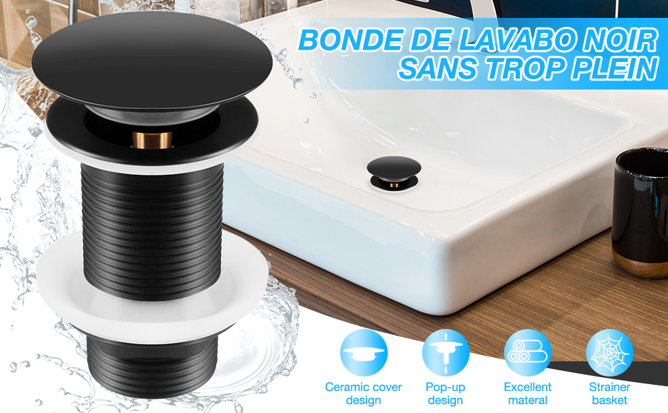 SKJJL Bonde de Lavabo Noir Sans Trop Plein, Bonde de Lavabo Pop Up Noir  Universelle, Bonde