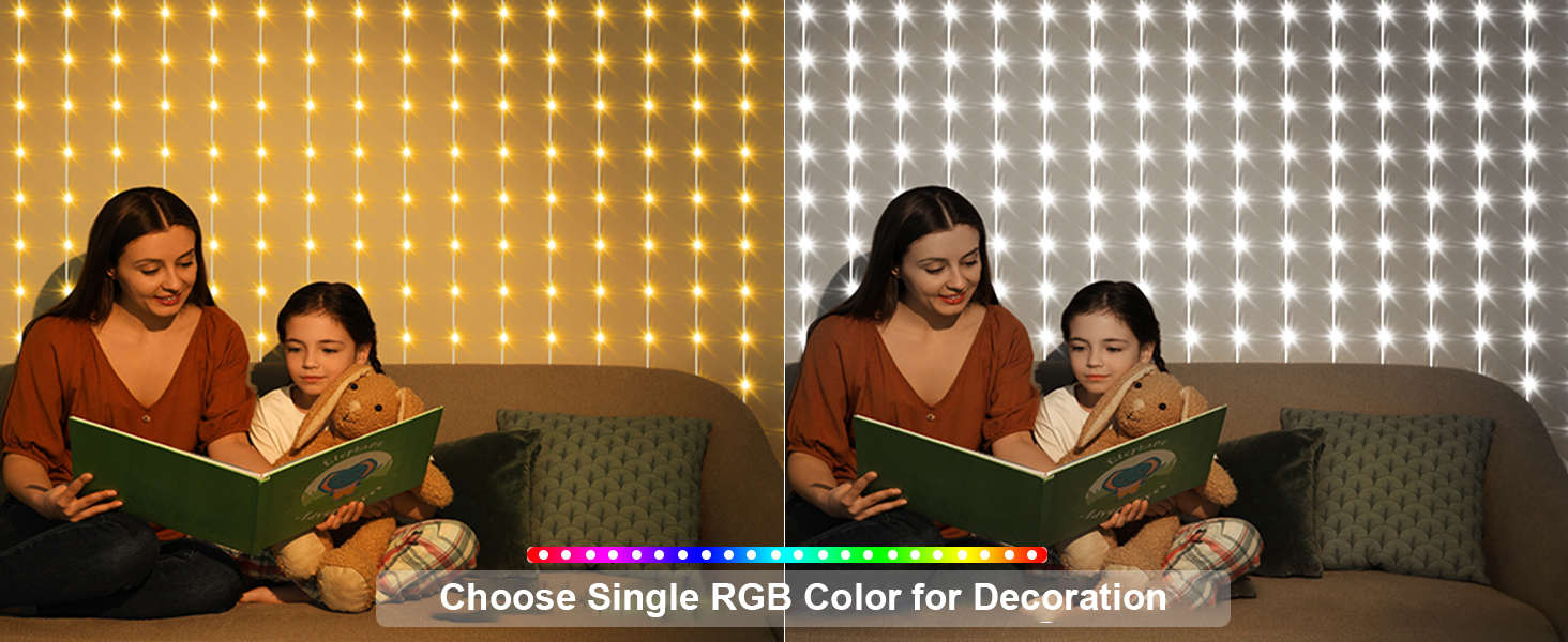 LED curtain lights in warm and cool white colors. Side-by-side images show the lights creating a backdrop for a reading scene on a couch.
