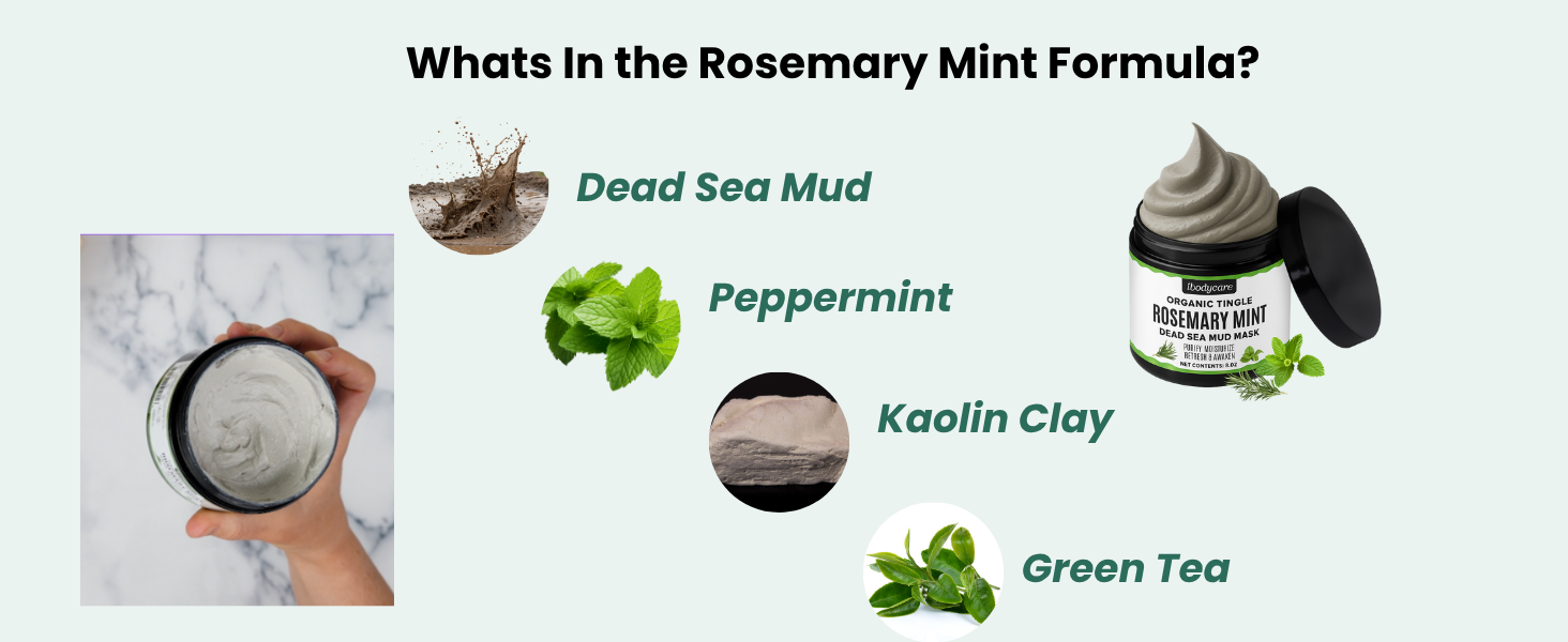 Our Rosemary Mint Dead Sea Mud Mask Ingredients include Peppermint, Kaolin Clay, Green Tea