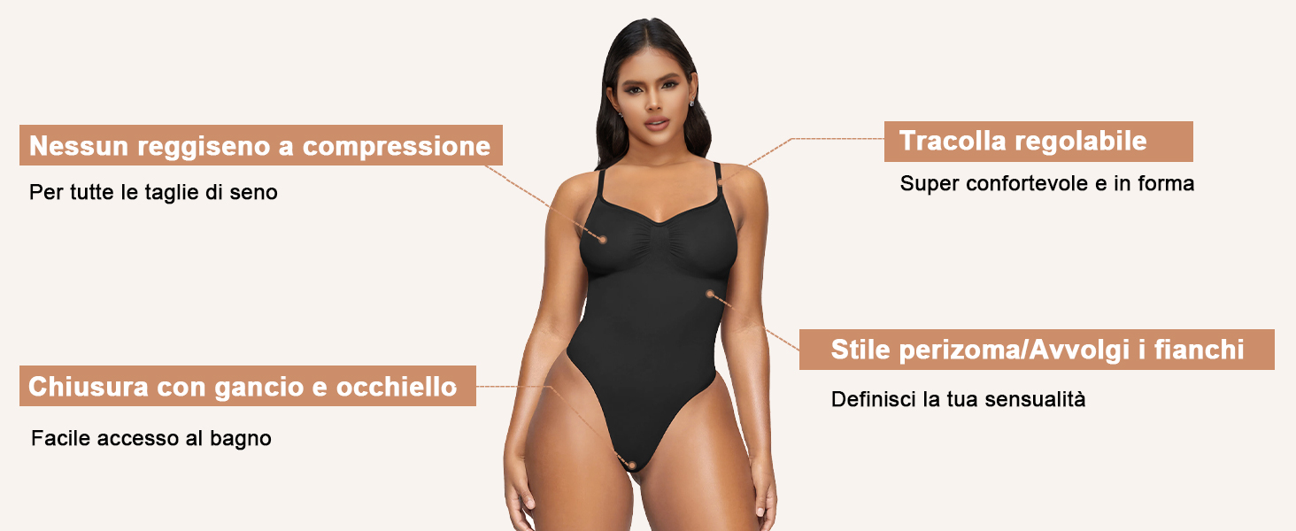 Costume da bagno intero nero con bretelle regolabili e tessuto a compressione. Caratteristiche del prodotto elencate in italiano, tra cui lacci regolabili e proprietà modellanti