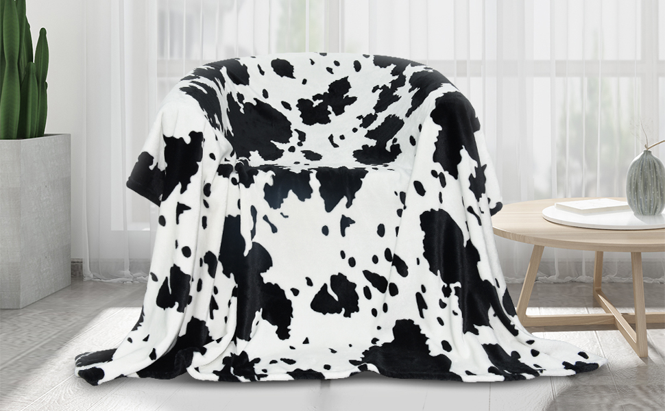Wish Tree Cow Blanket, Black and White Cow Print Throw