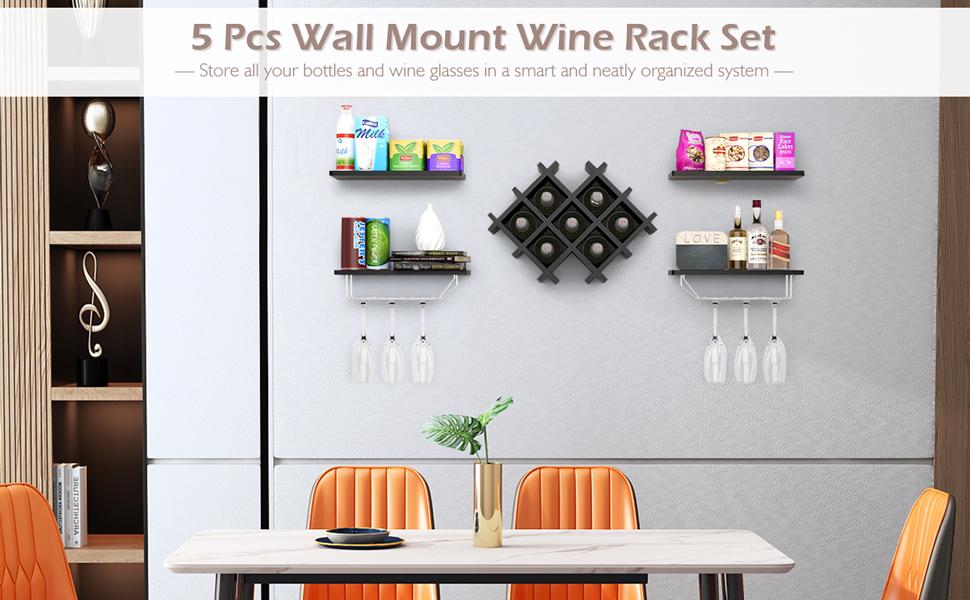 Giantex Set of 5 Wall Mount Wine Rack Set w/Storage Shelves and Glass