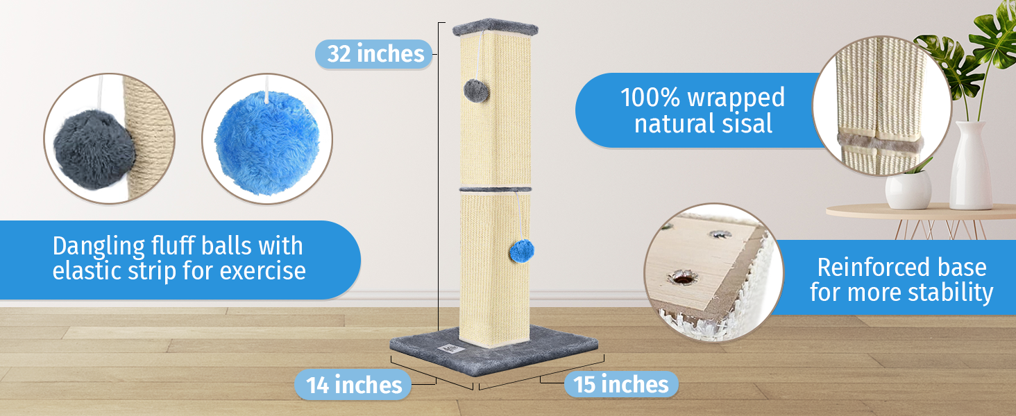 Tall cat scratching post 32 inches playing ball reinforced sisal stable gatos