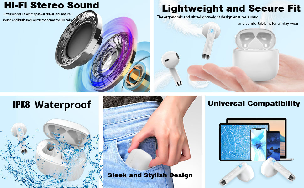 Text reads 'Hi-Fi Stereo Sound', 'Lightweight and Secure Fit', 'IPX8 Waterproof'. Product images showing waterproof wireless earbuds with various features and water resistance demonstration.