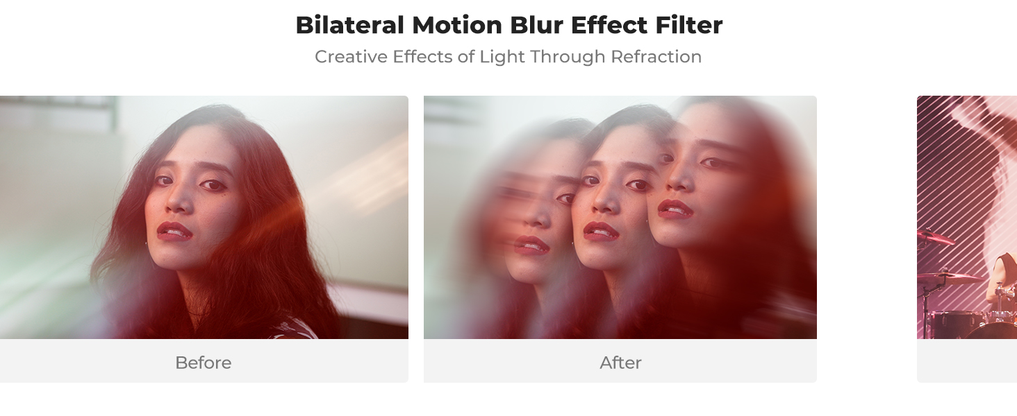 Comparison of photo effects: left shows clear image, right displays blurred version with multiple overlapping faces, demonstrating bilateral motion blur filter effect.