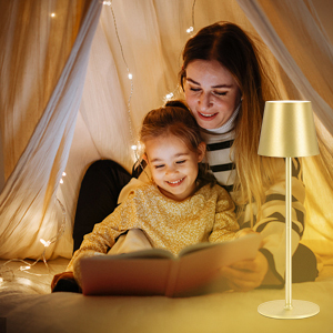 Draagbare lamp met goudkleurige kap die een gezellige tentomgeving verlicht. Een boek is open, wat suggereert dat het kan worden gebruikt om te lezen.