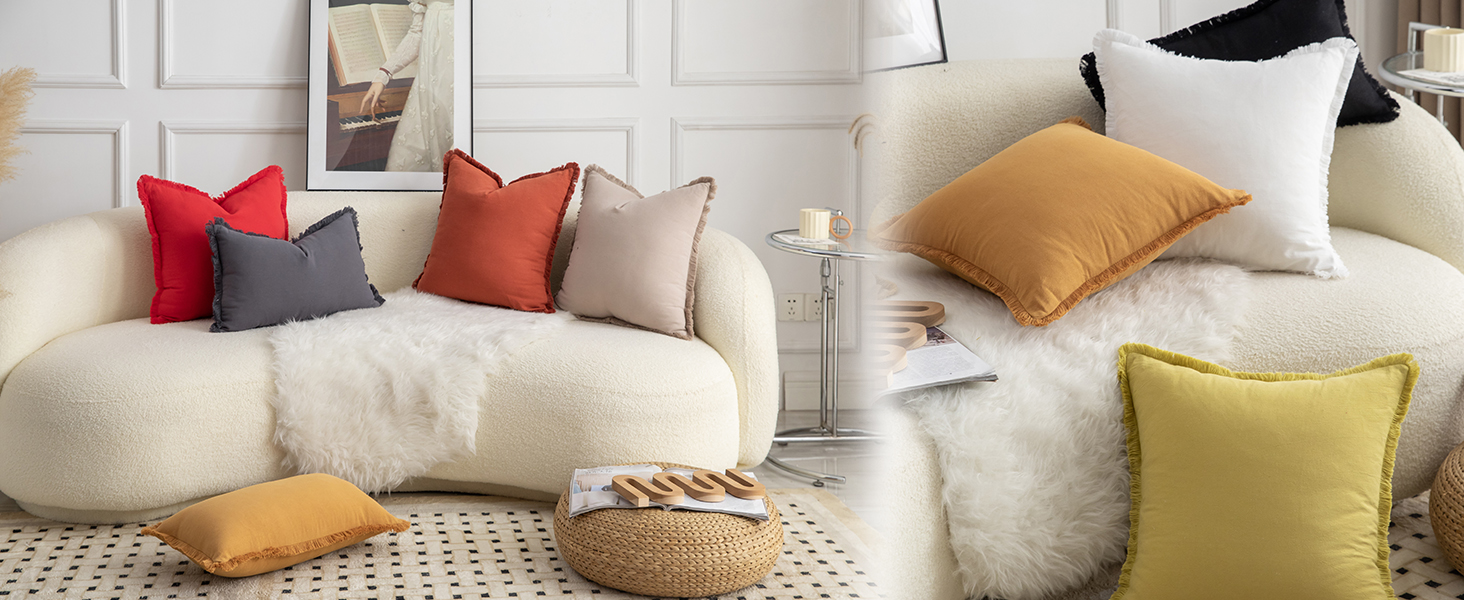 MANDIOO Set of 4 Neutral Cotton Fringe Decorative Throw