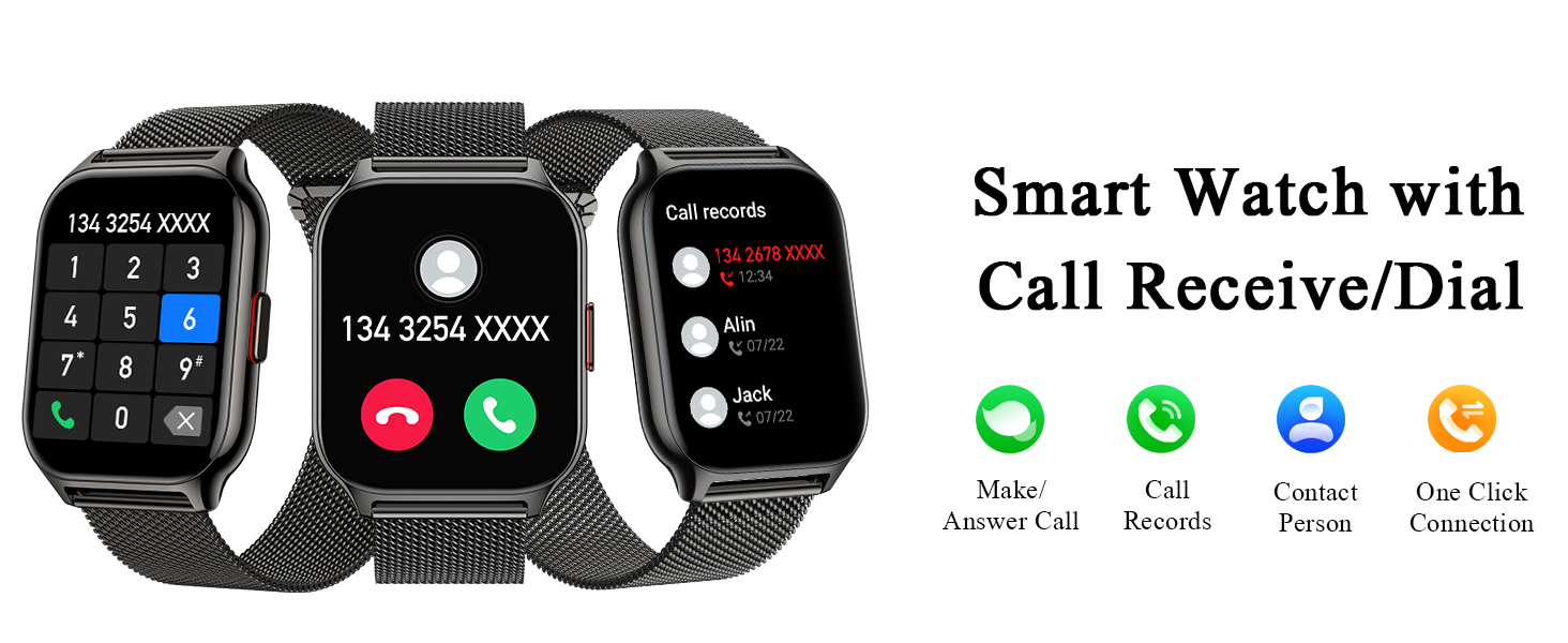 Smart watch with black mesh band displaying call interface, featuring multiple communication functions including call receive and dial capabilities.