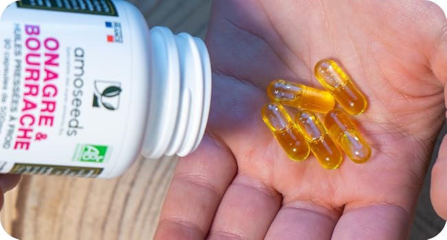 Huile d'Onagre et Bourrache Bio Capsules végétales Riche en Acides Gras Amoseeds Super-Aliments Bio
