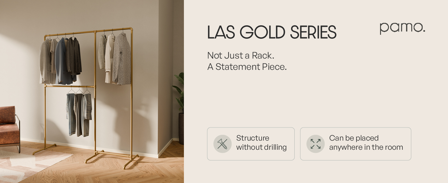 pamo freestanding gold clothing rack las 1.5 in front of beige wall