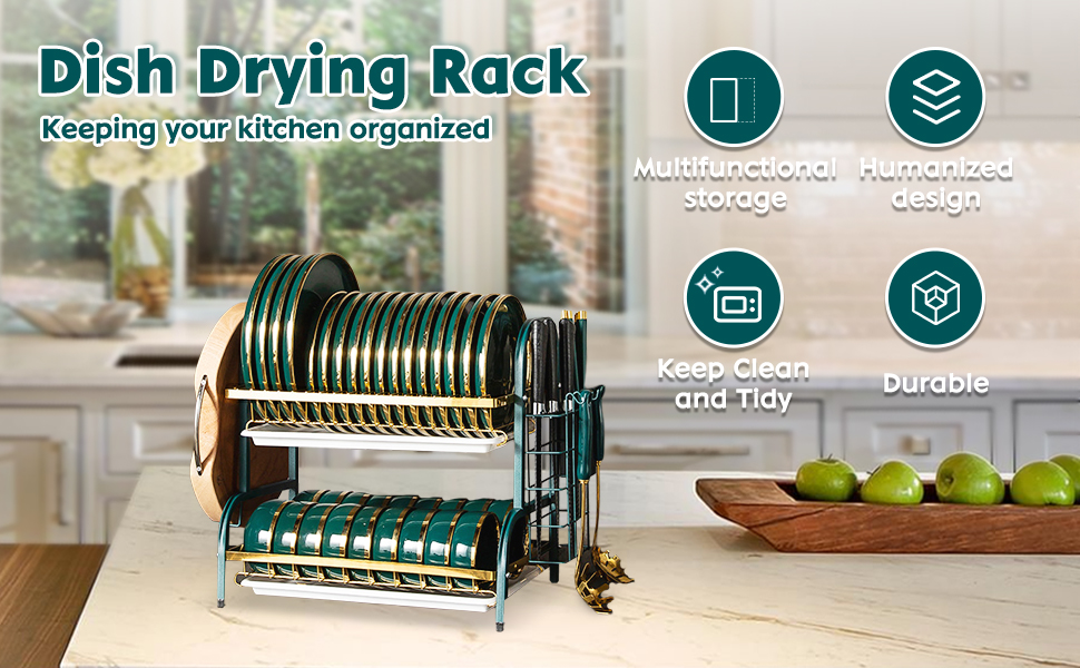 Dish Drying Rack for Kitchen Counter, 2 Tier Rustproof Dish Rack with