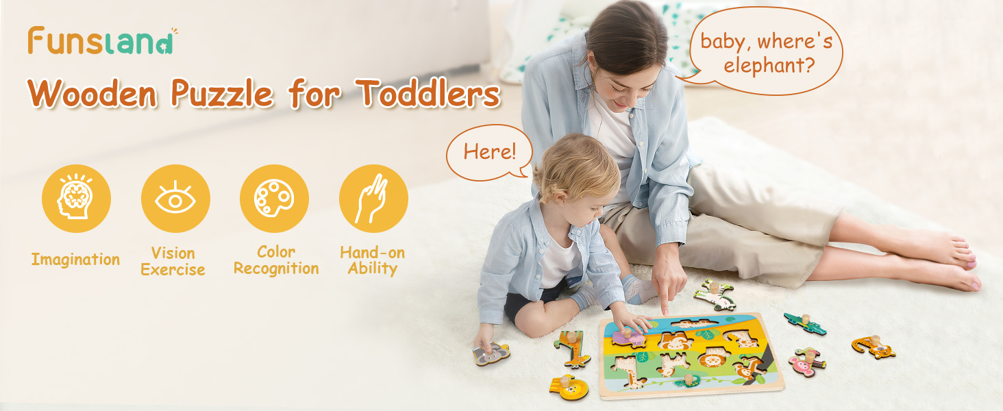 Funsland Wooden Puzzles Jigsaw Toys for 1 Year Old, Animal Toddler Peg