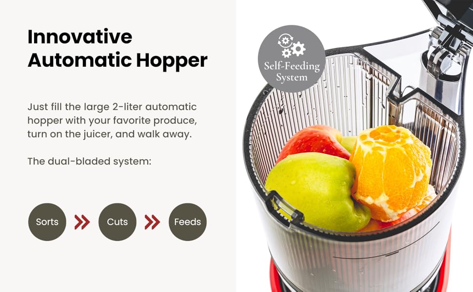 Sana 878 juicer large 2 liter hopper. Automatic self-feeding hopper for fast easy juicing