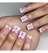 ROFIBUT French Tip Press on Nails - Short Square Acrylic Nails with 3D Resin Bow Charm Designs, N...