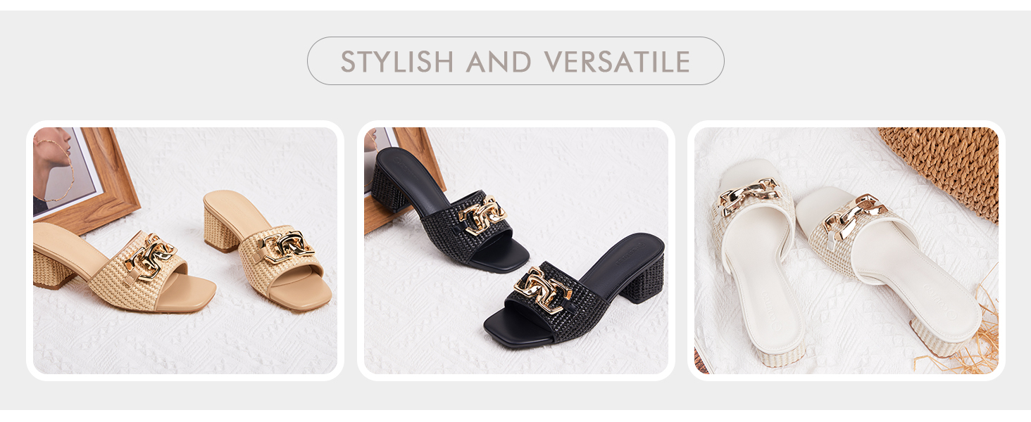 Womens Raffia Slide Sandals Chunky Block Heeled Open Toe Metal Chain Slip on Mules Dress Shoes