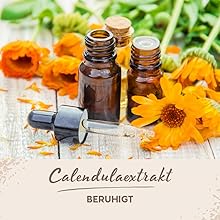 Der Text lautet „Calendulatinktur“. Sammlung von Bildern, die orangefarbene Ringelblumenblüten, braune Glasflaschen und den Herstellungsprozess einer Kräutertinktur auf einer Holzoberfläche zeigen.