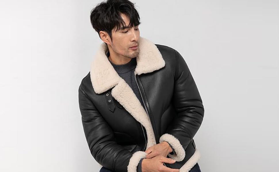 Denny&Dora Men's Aviator Shearling Jacket - Winter Thick