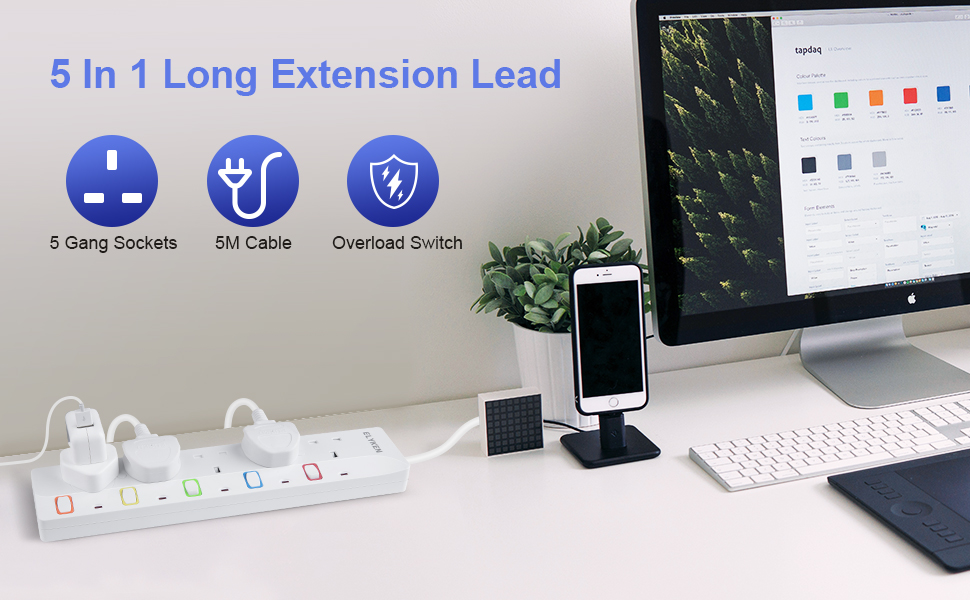 ELYKEN 5M Long Extension Lead, 5 Way Individual Switched Plug Extension