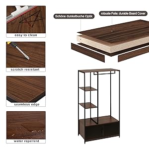 WOLTU Appendiabiti Da Terra In Legno E Metallo Di Bambù Con Mensole Laterali Faggio Scuro+nero 14 MDF