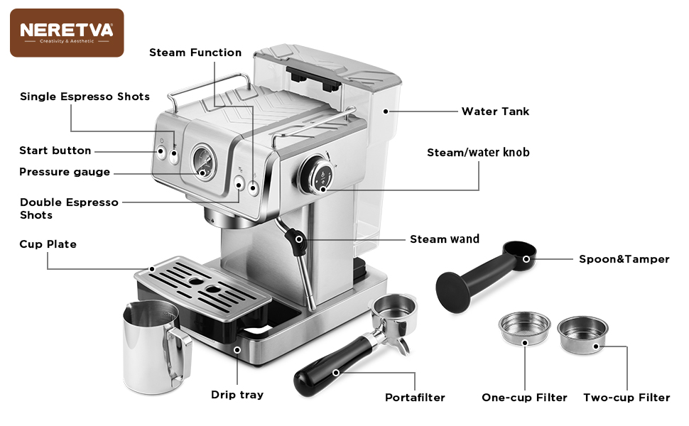 Neretva 20 Bar Espresso Machine, Expresso Coffee Machine With Milk Foaming Steam Wand, Espresso