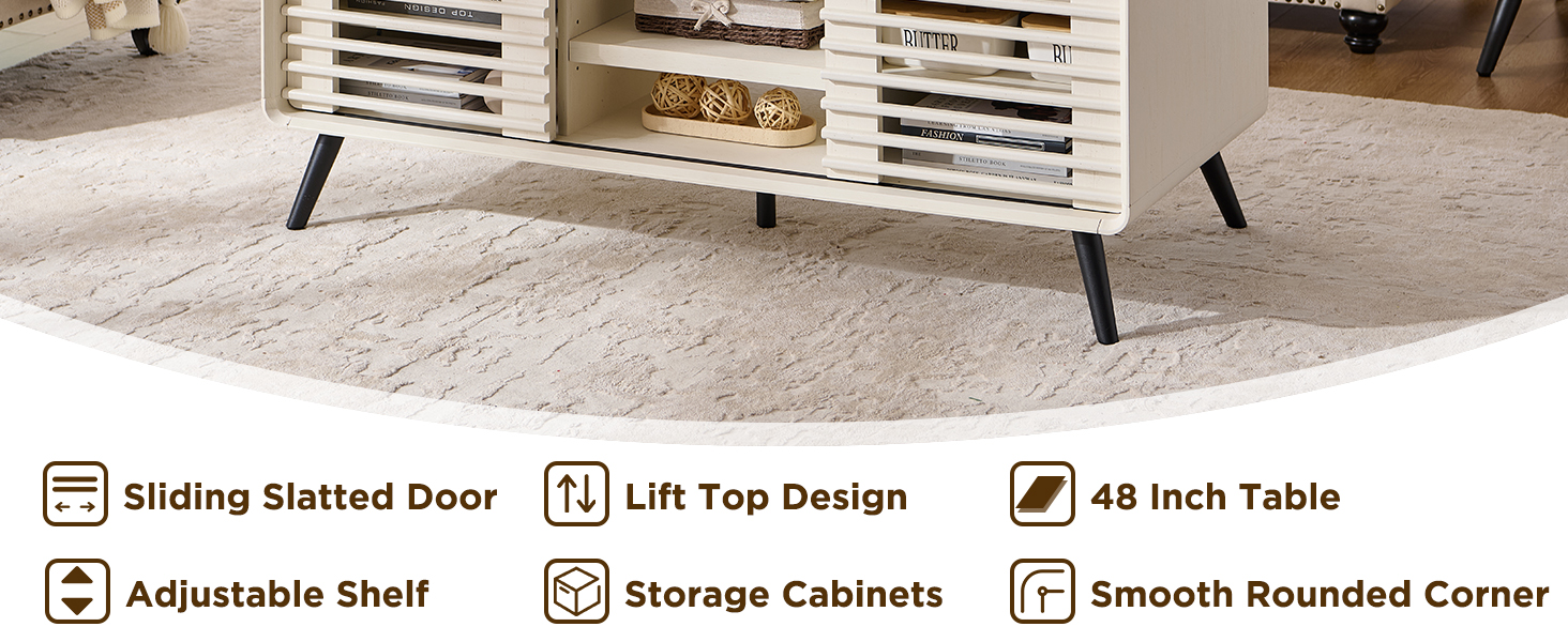 OKD Lift Top Coffee Table w/Sliding Slatted Door, 48" Mid