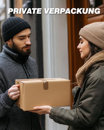 Two people exchanging a brown cardboard box outdoors. They wear winter clothing including knit hats and coats. Text overlays read 'PRIVATE VERPACKUNG'.