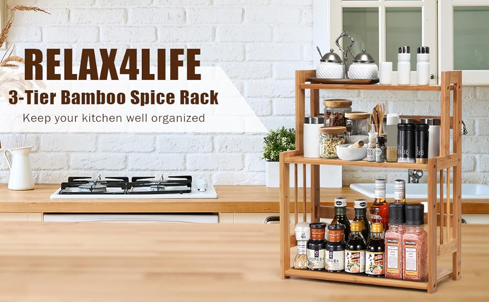 RELAX4LIFE Portaspezie Da Tavolo Con 3 Ripiani In Bambù, Scaffale Salvaspazio Per Spezie Da Cucina, Organizer E Contenitore Con Grande Capacità E Altezza Regolabile, 41 X 18 X 50 Cm, Legno Naturale 11 1