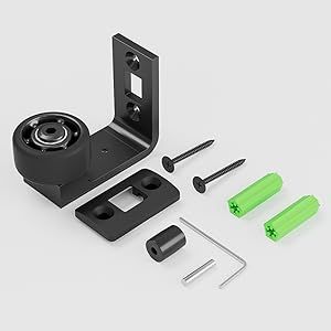 Assembly kit with black metal components, green plastic parts, screws, and a hex key for mounting or installation purposes.