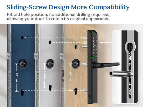 Door lock with sliding-screw design. Diagram shows compatibility with existing holes, available in multiple finishes including blue, wood, and metal.