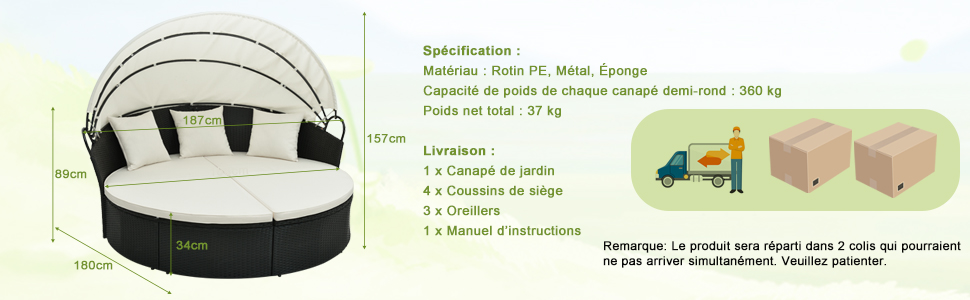 avec auvent rétractable. Comprend des coussins blancs, une base en osier noir et un diamètre de 180 cm. Comprend les spécifications relatives aux matériaux, à la capacité de charge et aux accessoires inclus.