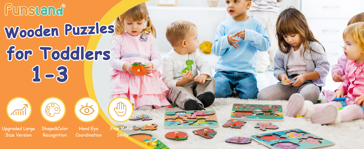 Funsland Large Wooden Puzzles for 1 Year Old, 4Pcs Baby Wooden Peg