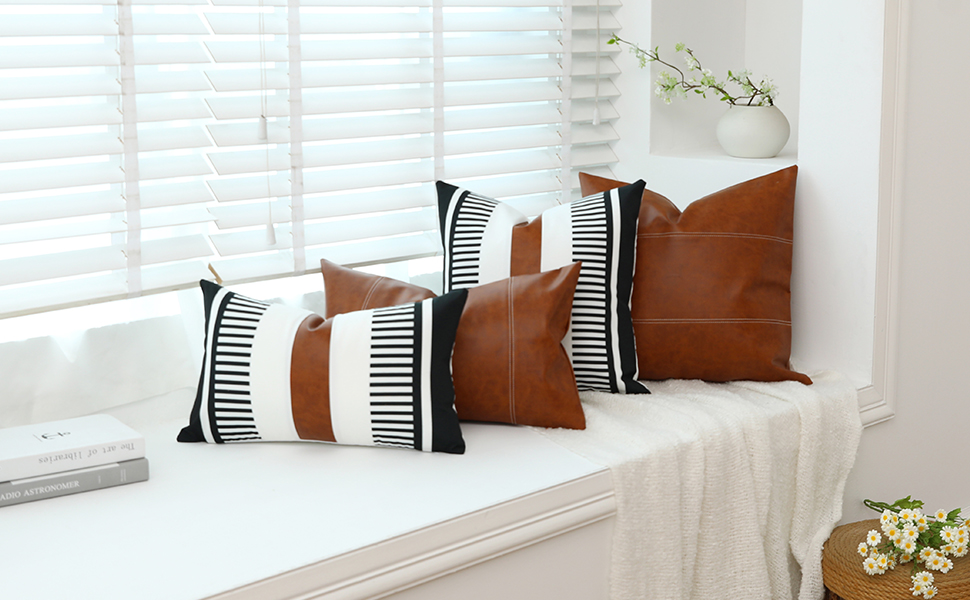 Throw Pillow Covers 18x18 Inch Set of 2, Faux Leather Accent Throw