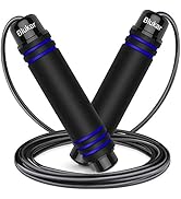 con asas negras con detalles en azul. Cable ligero y ajustable para ejercicios cardiovasculares. Diseño de agarre ergonómico con un suave sistema de rodamientos de bolas visible.