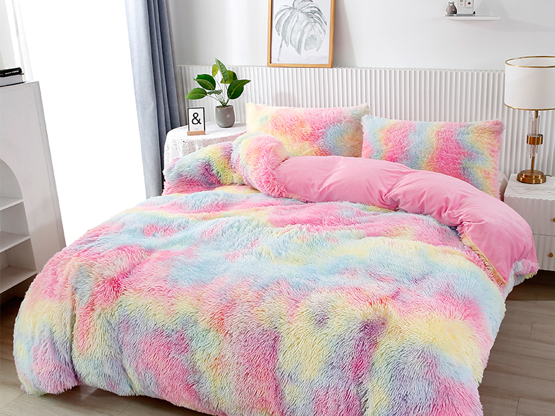 PERFEMET Pink Faux Fur Fluffy Comforter Twin 3Piece Colorful Rainbow Plush Shaggy