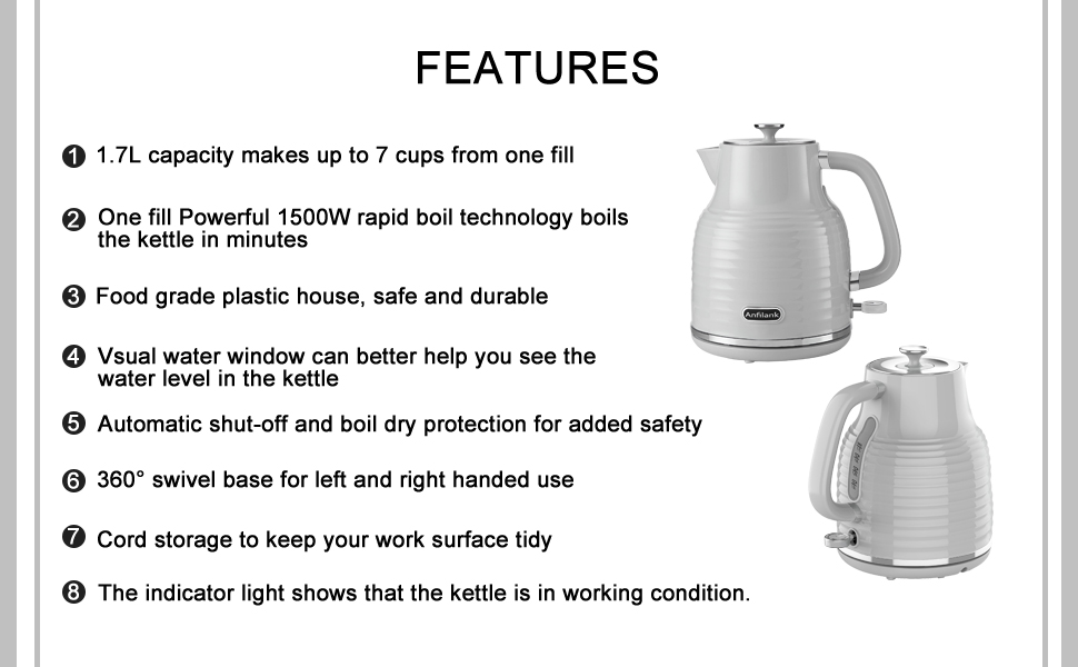Anfilank 1.7L Electric Kettle, 1500W Hot Water Boiler & Tea Heater with Visible