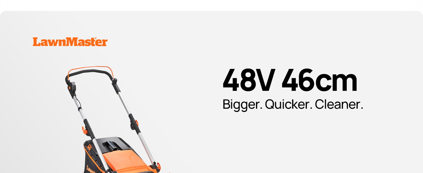LawnMaster electric lawn mower with 48V 46cm cutting width. Orange and black design with adjustable handle. Advertised as bigger, quicker, and cleaner.
