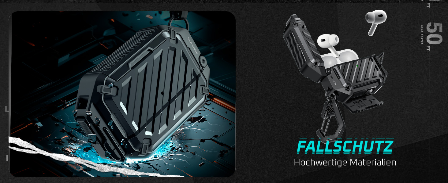 Der Text lautet "FALLSCHUTZ". Dunkle Industriedesignelemente mit metallischen Oberflächen und blauer Akzentbeleuchtung, ähnlich wie στην Bild 2.